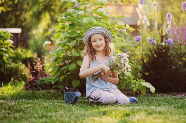 Happy Child Girl Playing Little Gardener Summer Wearing Funny Hat — Stock Photo, Image