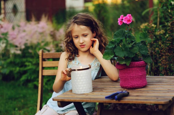 Happy Romantic Child Girl Dreaming Evening Summer Garden Decorated Candle — Stock Photo, Image