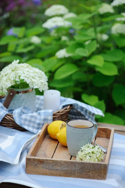 Летний Завтрак Красивом Цветущем Саду Чай Лимоном Гортензии Цветы Деревянном — стоковое фото