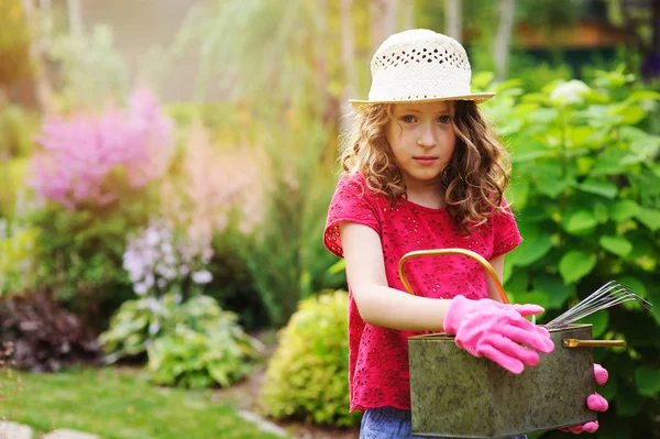 Child Girl Playing Little Gardener Helping Summer Garden Wearing Hat — Stock Photo, Image