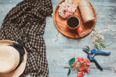 Sonbahar ya da yaz baharı bahçe masası. Ekoseli gömlek, kahve, kurutulmuş ortanca çiçekleri ve bahçe budamalı.