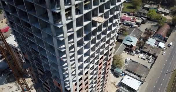 View of high rise residential complex under construction. Drone flight, 4K — Stock Video