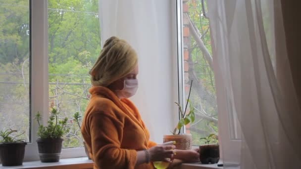 Coronavirus. Kvinna med ansiktsmask på karantän vårda krukväxter ensam hemma. COVID-19. — Stockvideo