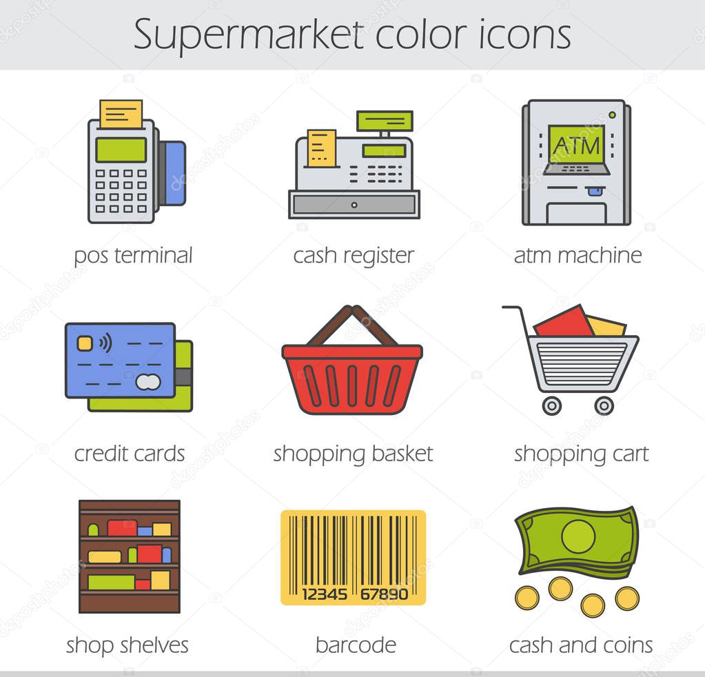 Supermarket color icons set. Grocery store. Pos terminal, cash register, atm machine, credit card, shopping basket and cart, shop shelves, barcode, cash and coins. Vector isolated illustrations
