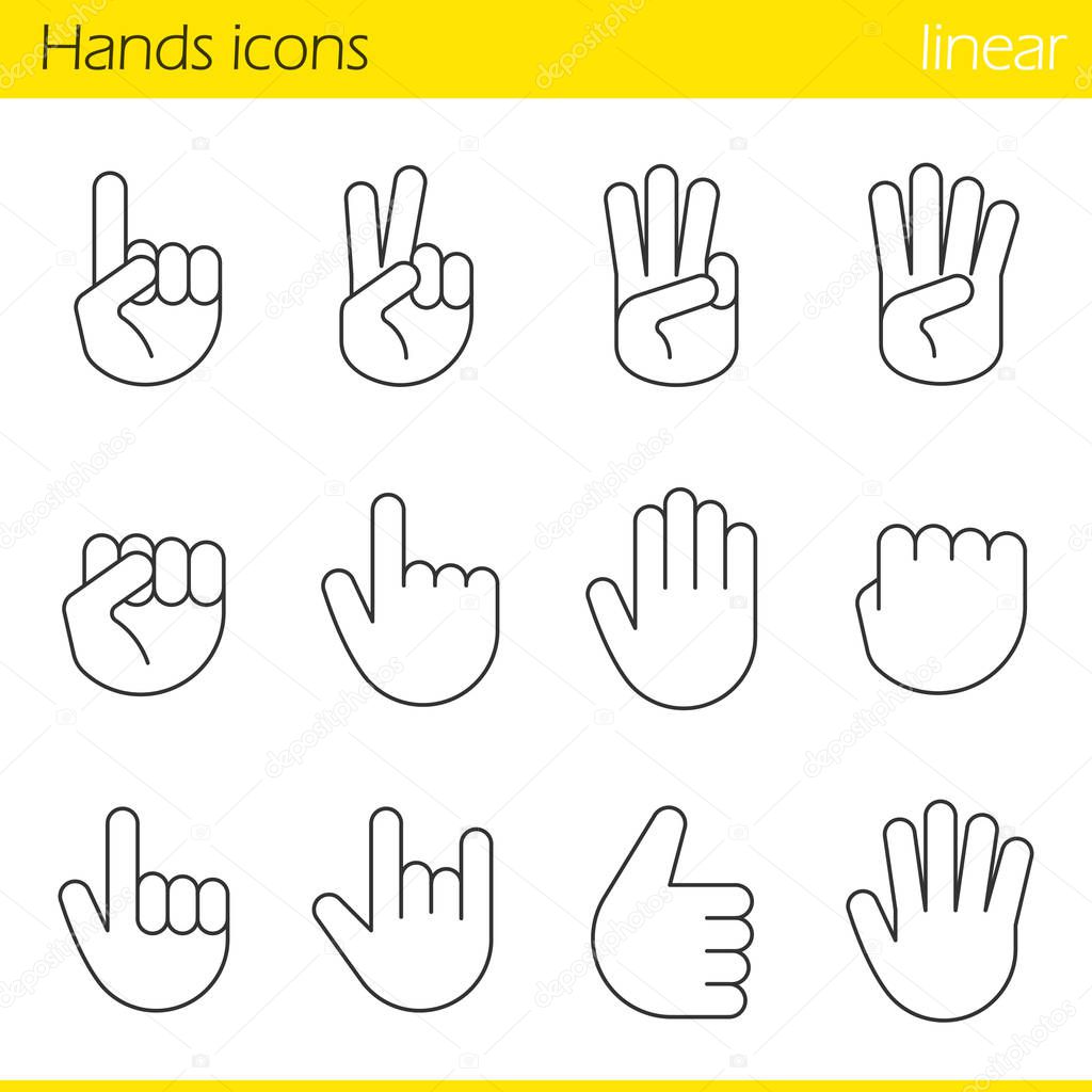 Hand gestures icons set. Vector white silhouettes illustrations in black circles
