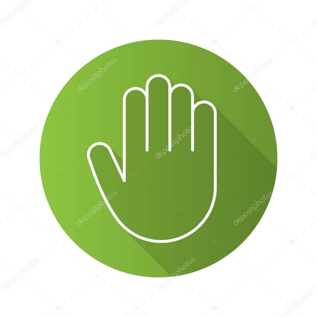 Hand flat linear long shadow icon. Palm. Greeting and high five gesture. Vector line symbol