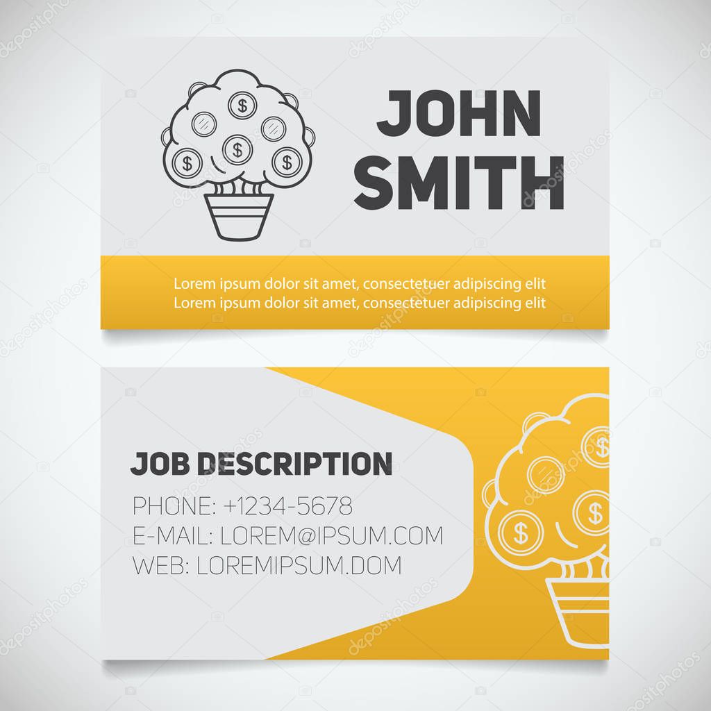 Business card print template with money tree logo. Easy edit. Businessman. Investor. Financier. Stationery design concept. Vector illustration