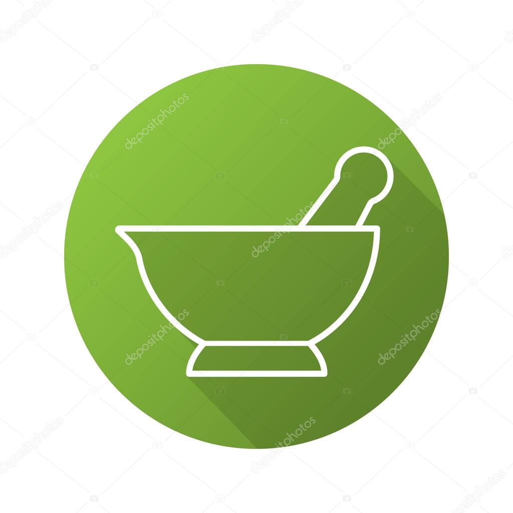 Mortar and pestle flat linear long shadow icon. Naturopathy. Alternative herbal medicine. Vector line symbol