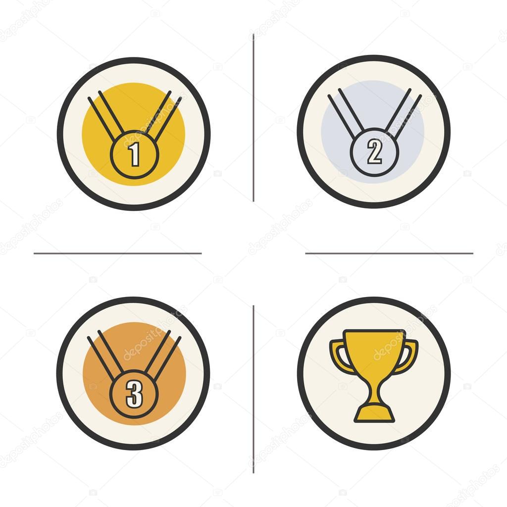 Competition rewards color icons set. Winner cup, gold, silver and bronze medals. Sport games award ceremony items. Isolated vector illustrations