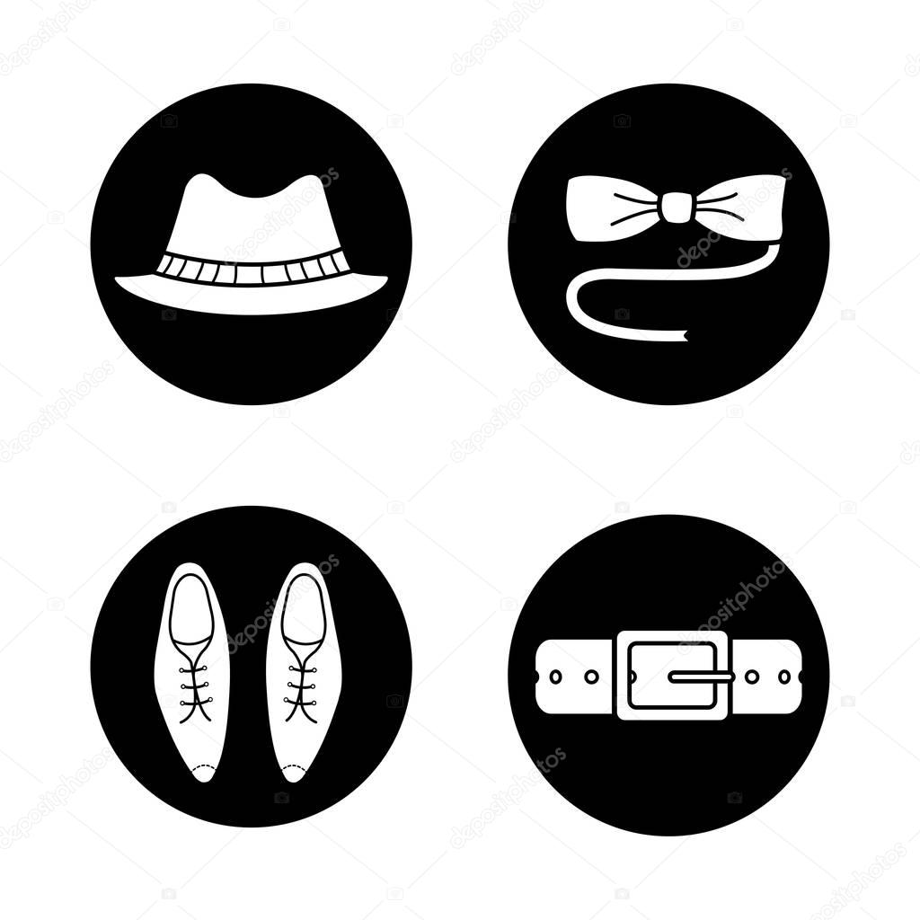 Men's accessories icons set. Homburg hat, butterfly bow tie, classic leather shoes and belt. Vector white illustrations in black circles