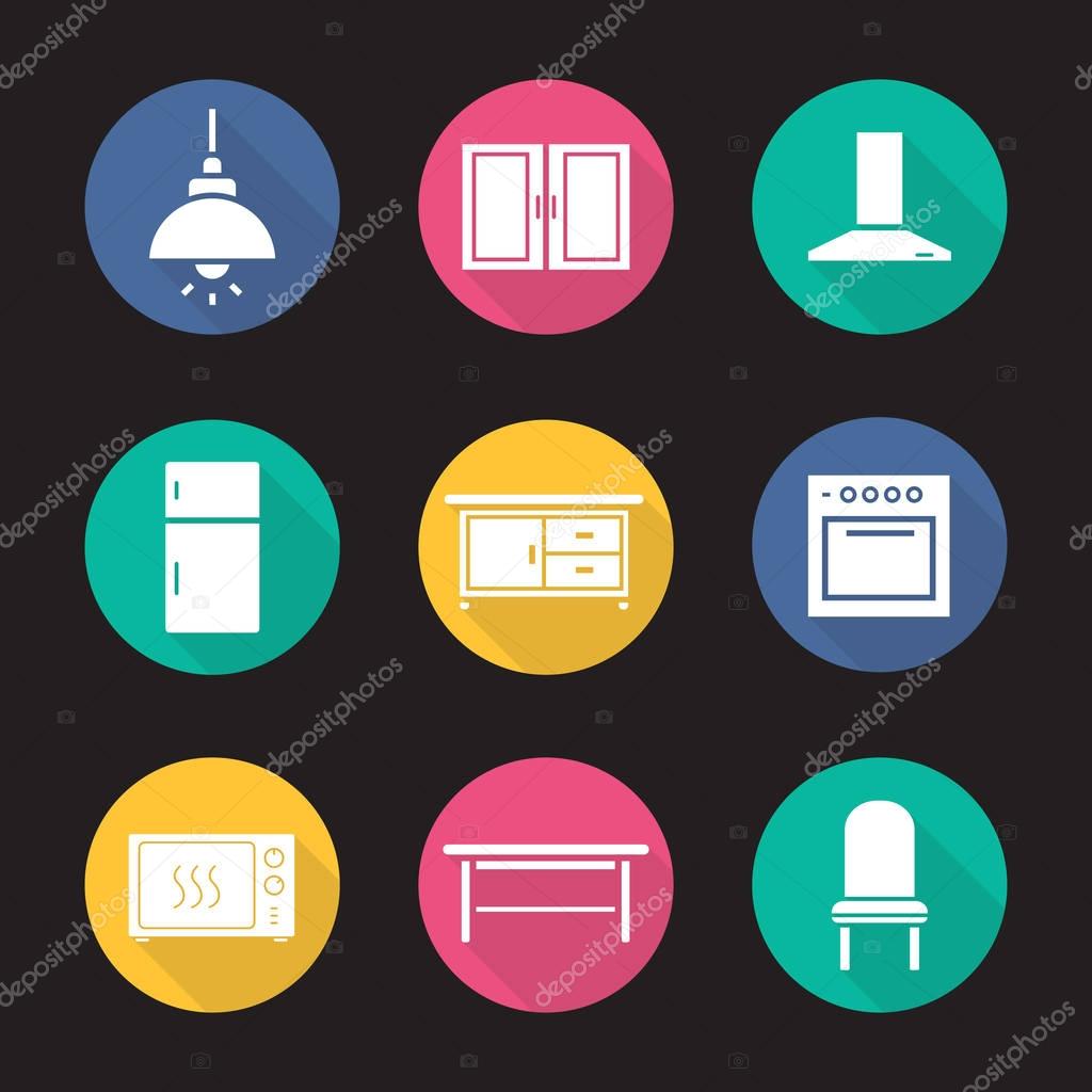 Kitchen interior flat design long shadow icons set. Ceiling lamp, cabinet, range hood, fridge, kitchen counter, stove, microwave oven, classic table and chair. Vector symbols