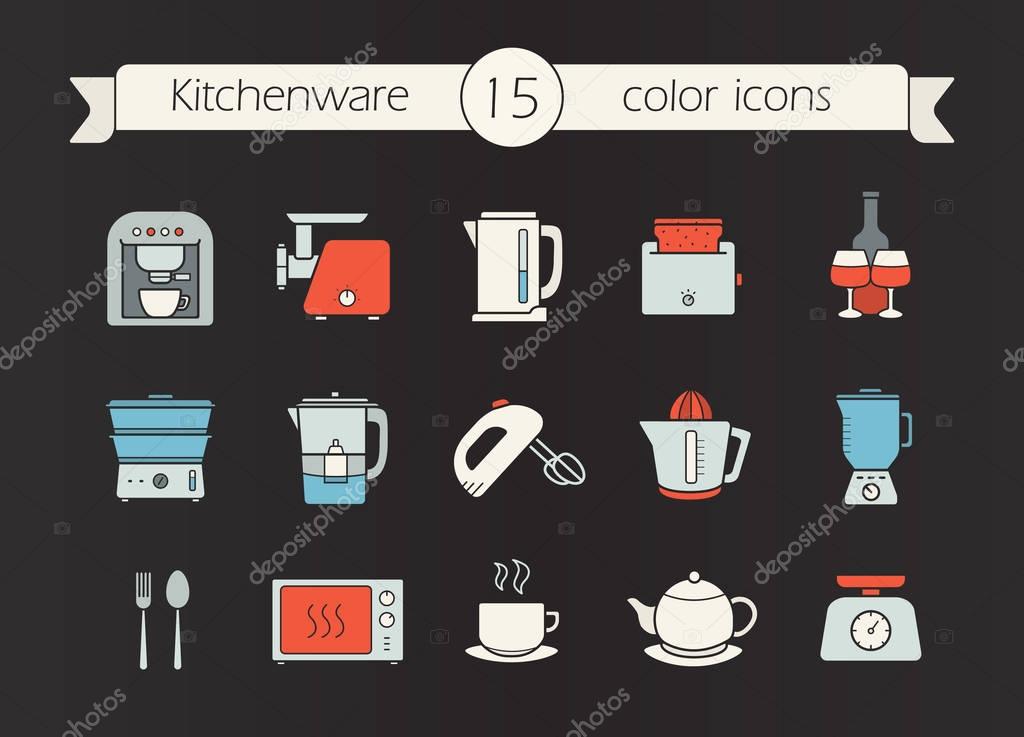 Kitchen appliances color icons set. Coffee machine, mincer, kettle, toaster, steam cooker, mixer, water filter, juicer, blender, teapot, scales, microwave oven. Isolated vector illustrations