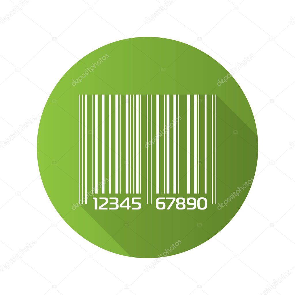 Barcode flat design long shadow icon. Green bar code vector symbol