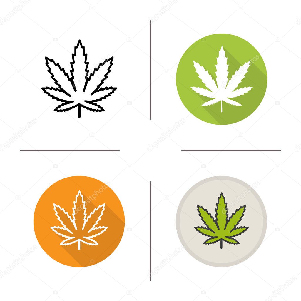 Marijuana leaf icon. Flat design, linear and color styles. Cannabis weed. Isolated vector illustrations