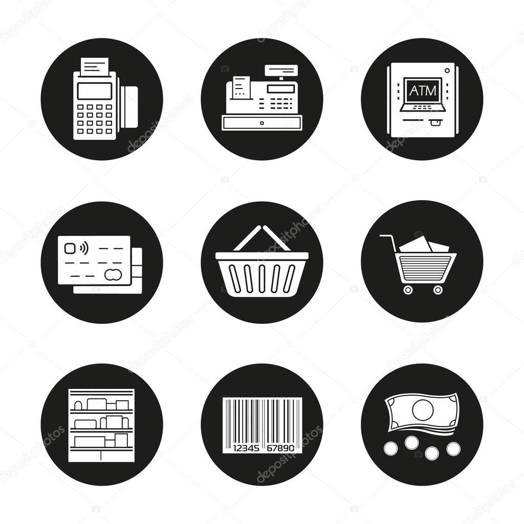 Supermarket icons set. Grocery store. Pos terminal, cash register, atm machine, credit card, shopping basket and cart, shop shelves, barcode, cash. Vector white illustrations in black circles