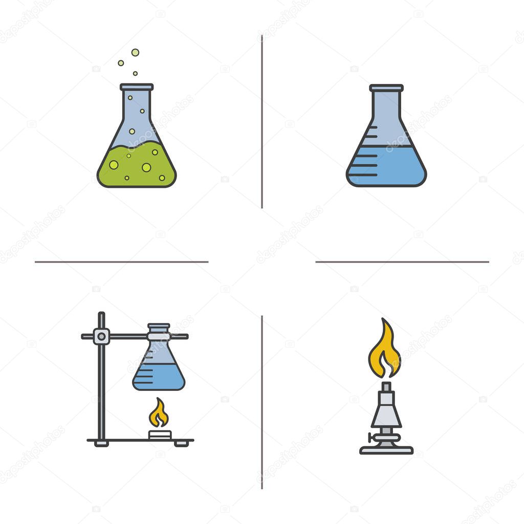 School chemistry lab color icons set. Beaker with liquid, ring stand with flask, laboratory burner, chemical reaction. Isolated vector illustrations