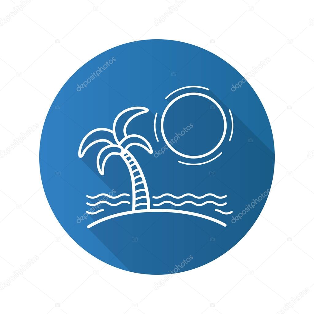 Tropical island with sun, waves and palm tree flat linear long shadow icon. Seashore vacation. Vector line symbol