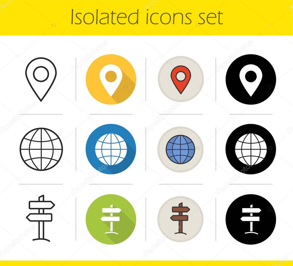 Travel icons set. Flat design, linear, black and color styles. Geolocation mark, globe symbol, wooden way direction, map pinpoint. Tourism isolated vector illustrations