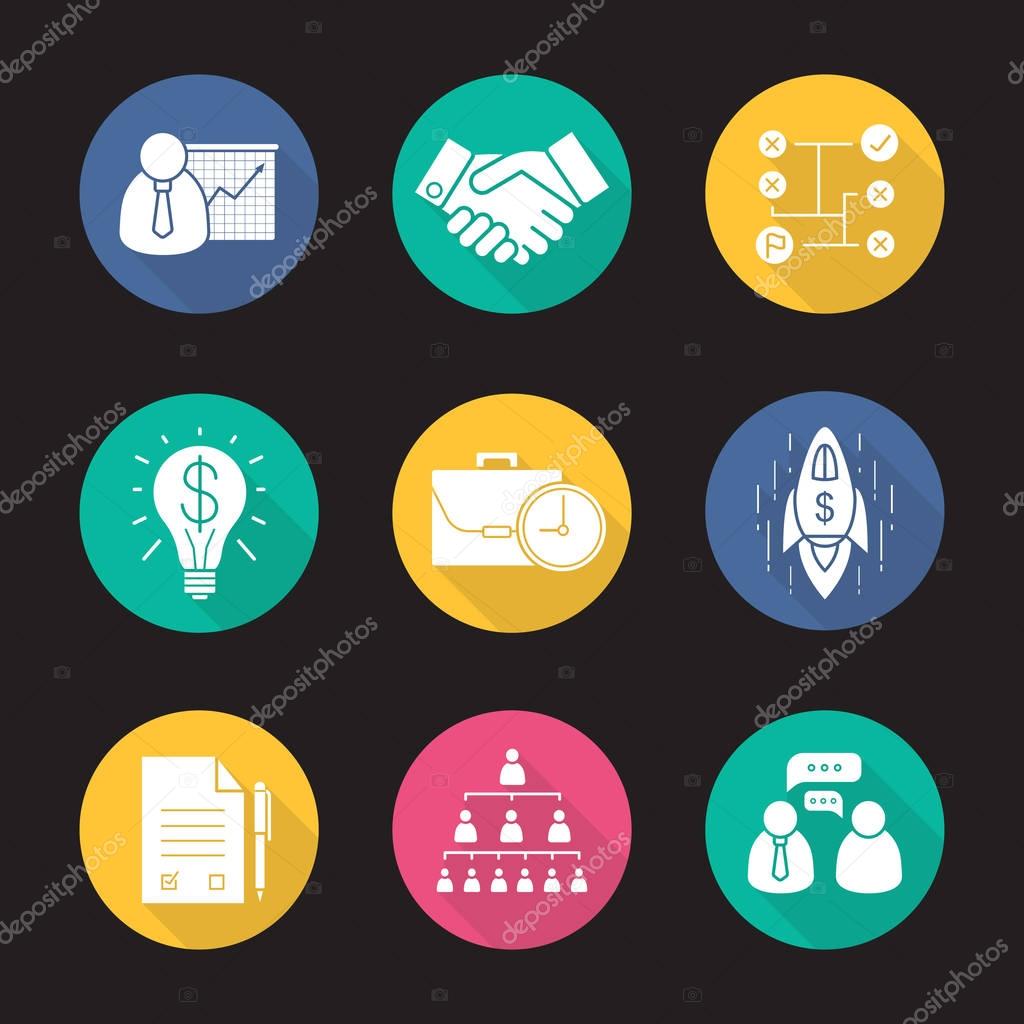 Business flat design long shadow icons set. Teamwork, company hierarchy, presentation with graph, signed contract, handshake, problem solutions, successful idea, goal achievement. Vector symbols