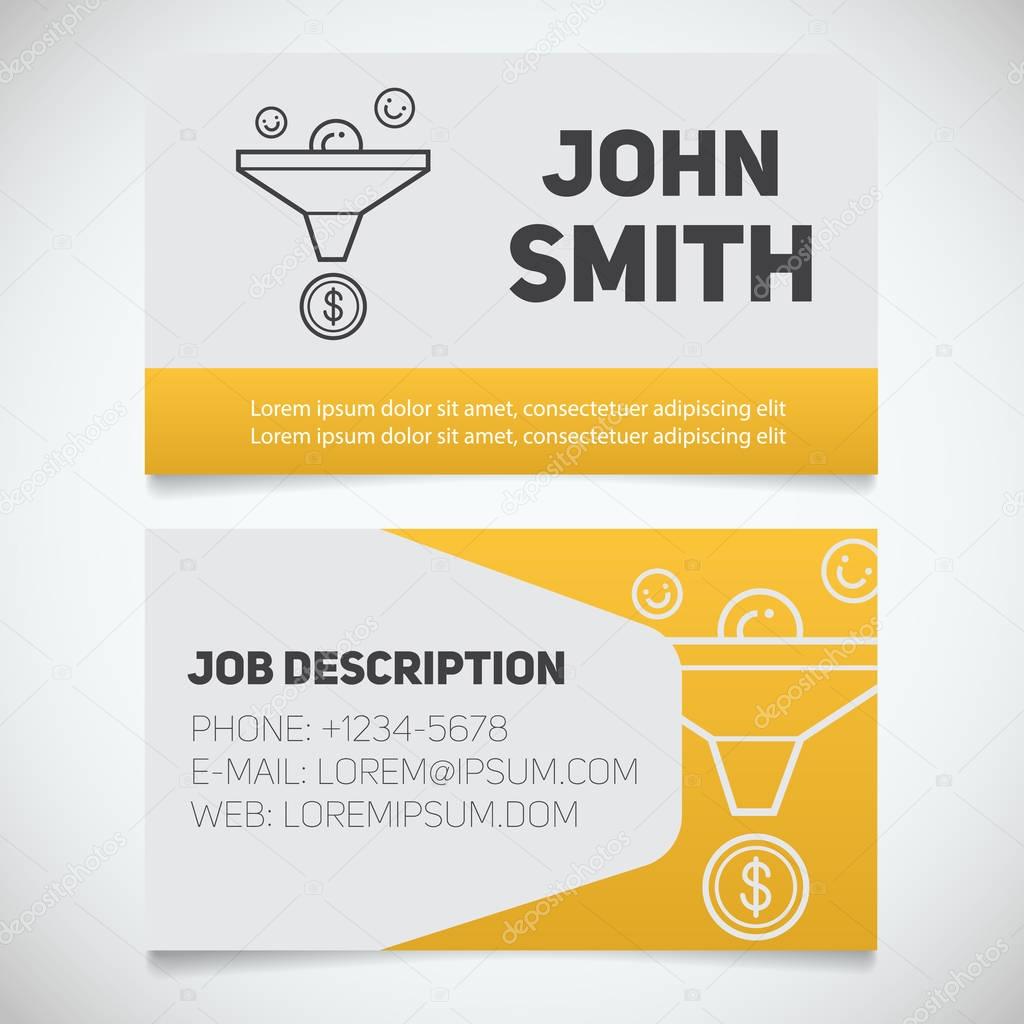 Business card print template with sales funnel logo. Easy edit. Marketer. Seo manager. Stationery design concept. Vector illustration