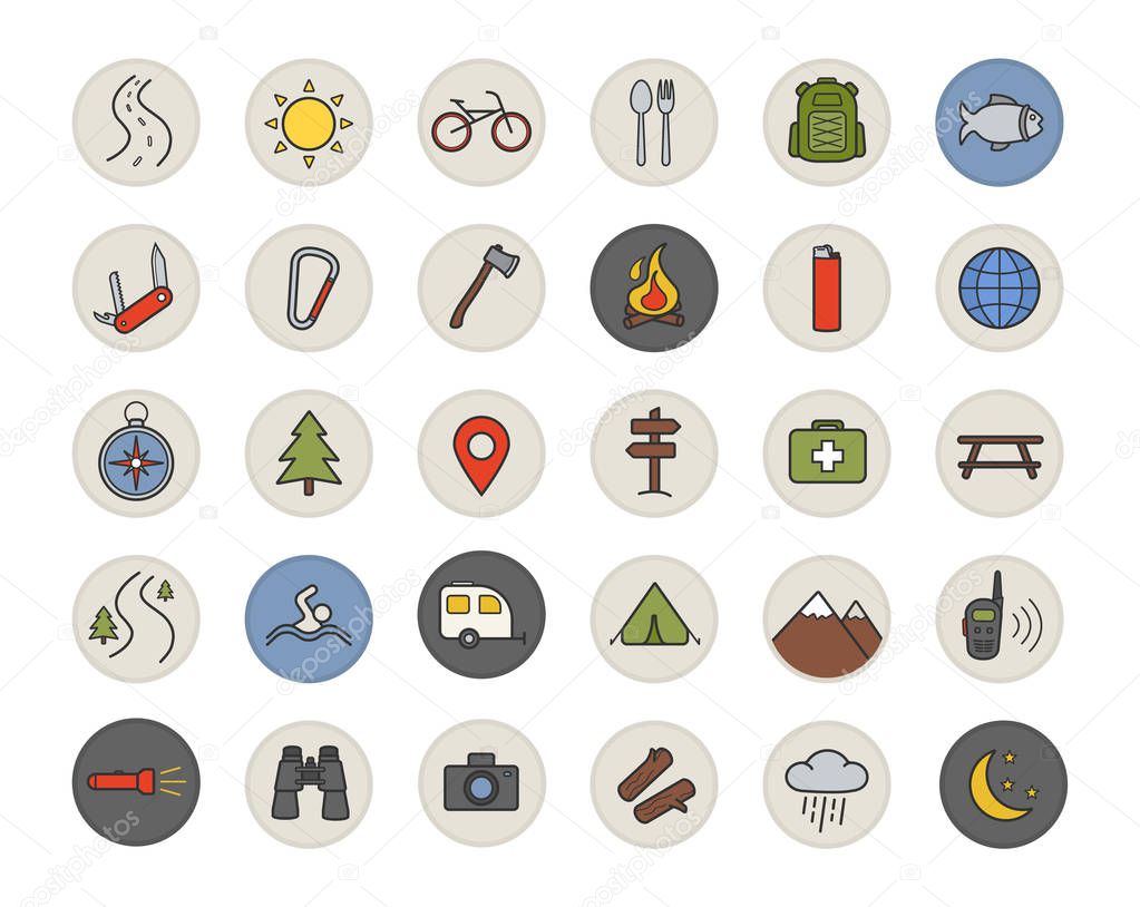 Camping color icons set. Tourist's equipment. Tent, compass, binoculars, penknife, campfire, backpack, photo camera, lighter, axe, carabiner, trailer, first aid kit. Isolated vector illustrations