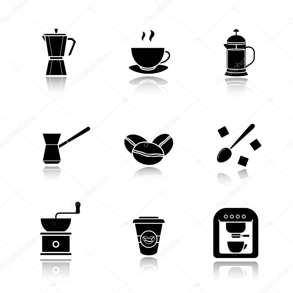 Coffee drop shadow black icons set. Espresso machine, classic coffee maker, steaming mug on plate, french press, turkish cezve, spoon with sugar cubes, hand mill. Isolated vector illustrations