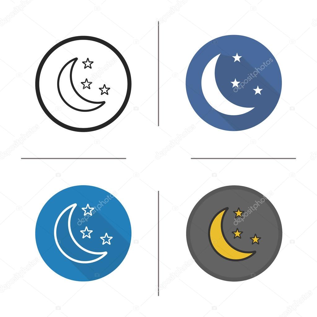 Moon and stars night icon. Flat design, linear and color styles. Nighttime Bedtime. Isolated vector illustrations