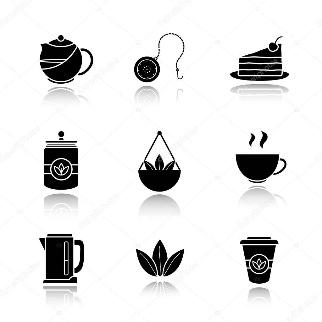 Tea drop shadow black icons set. Teapot and ball infuser, chocolate cake on plate, tea container, loose leaves in bulk, steaming cup, electric kettle, takeaway paper cup. Isolated vector illustrations