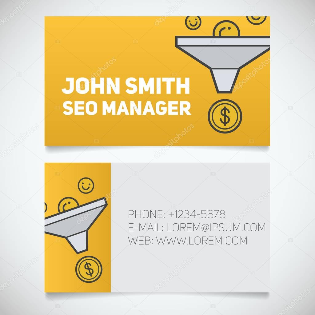 Business card print template with sales funnel logo. Easy edit. Marketer. Seo manager. Stationery design concept. Vector illustration
