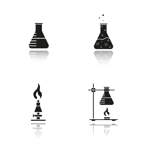 École de chimie équipement de laboratoire ombre portée icônes noires ensemble — Image vectorielle