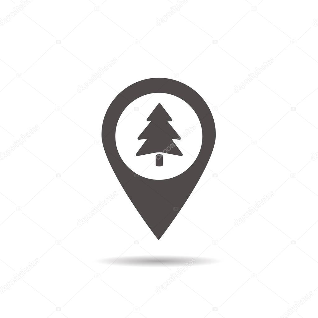 Forest location icon. Drop shadow wood silhouette symbol. Fir tree inside pinpoint. Negative space. Vector isolated illustration