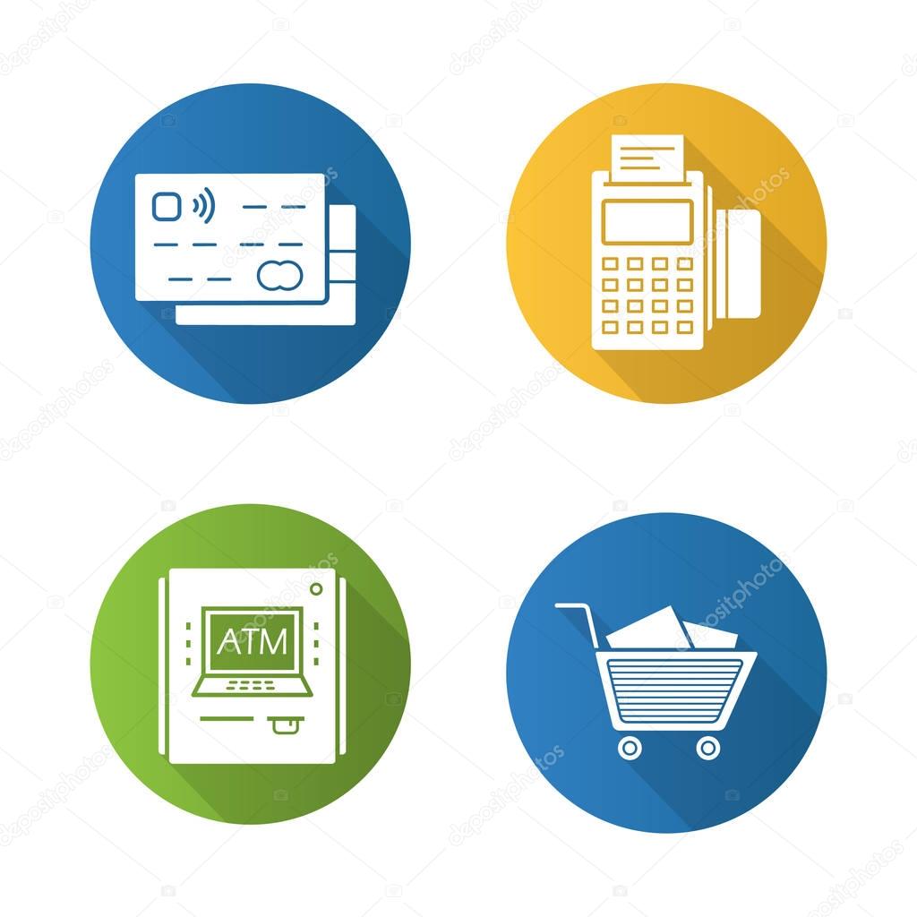 Supermarket shopping items. Flat design long shadow icons set. Grocery store. Credit cards, pos terminal, bank atm machine, shopping cart with boxes. Vector silhouette illustration