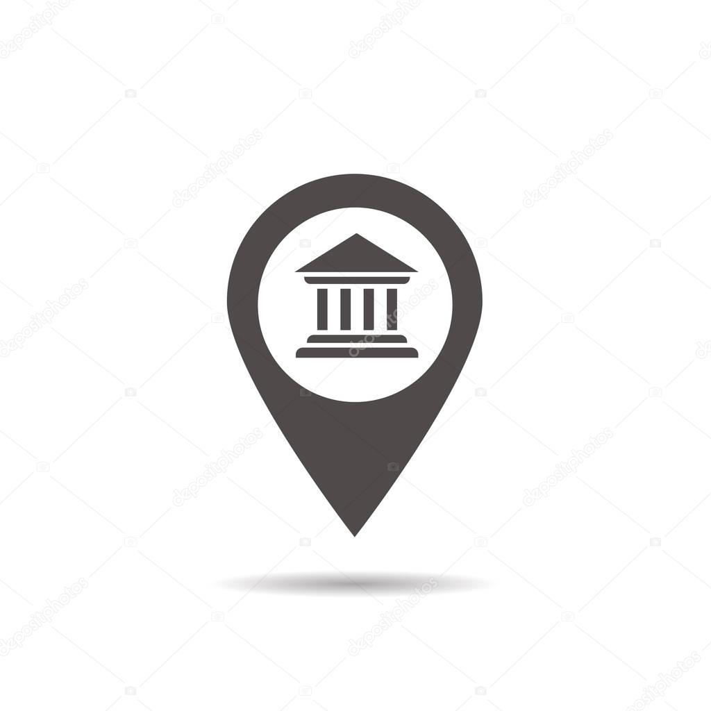 Bank building inside pinpoint. Municipal establishments location icon. Courthouse nearby. Drop shadow silhouette symbol. Vector isolated illustration