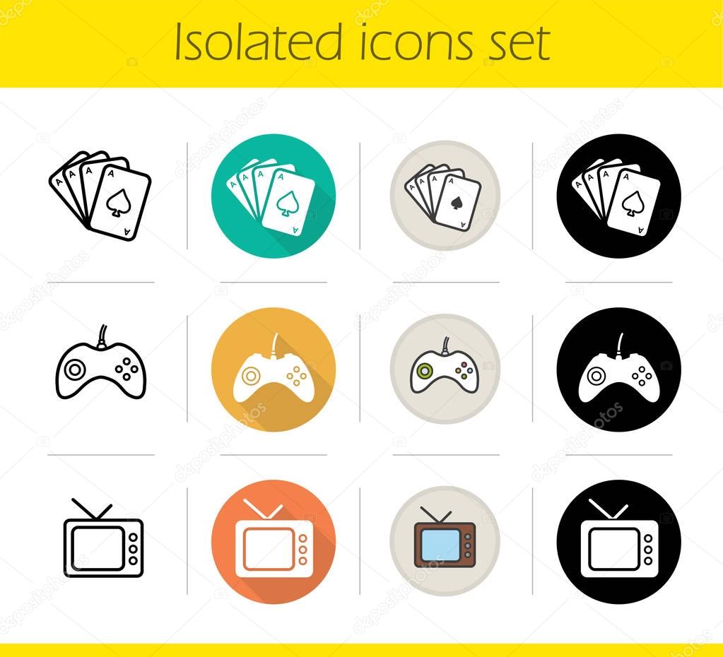 Leisure and entertainment activities icons set. Flat design, linear, black and color styles. Playing cards deck, gamepad, retro tv set. Isolated vector illustrations