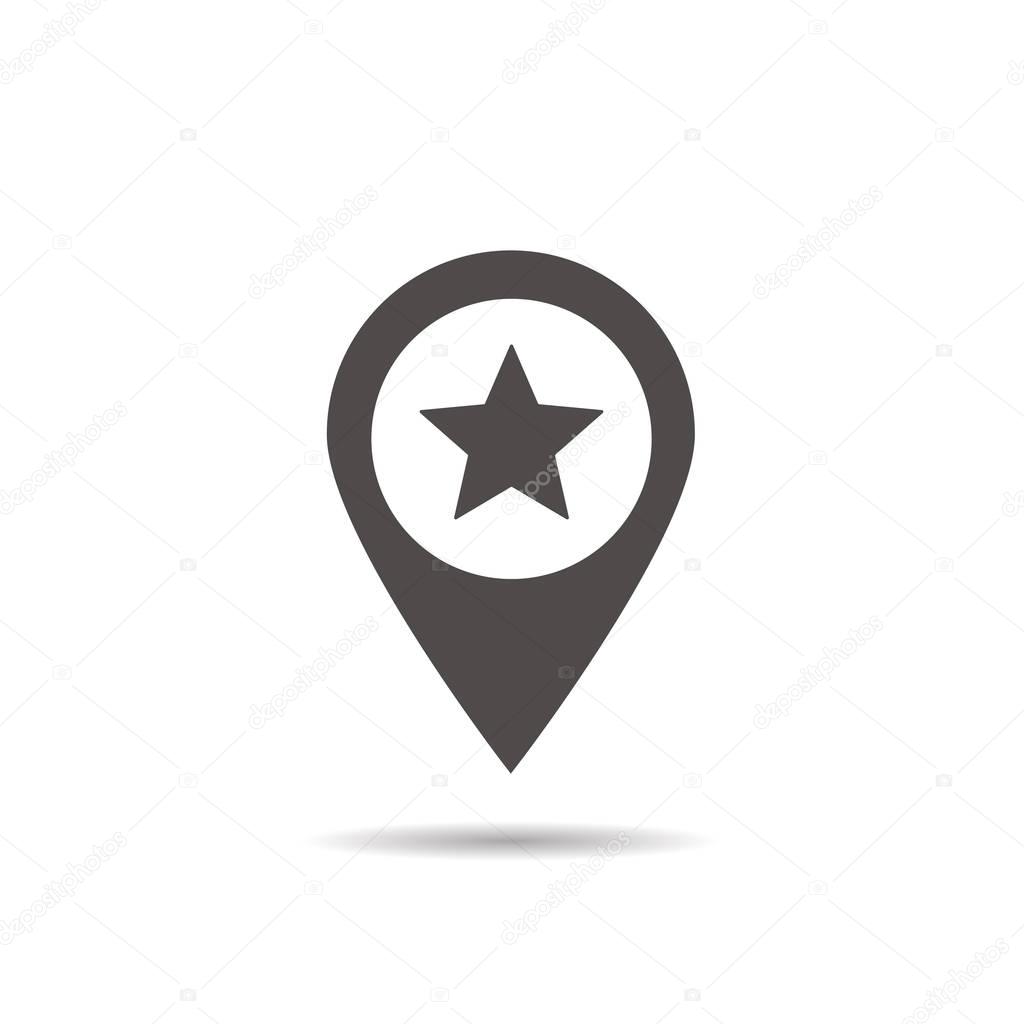Star mark inside pinpoint icon. Drop shadow silhouette symbol. Favorite place location. Vector isolated illustration
