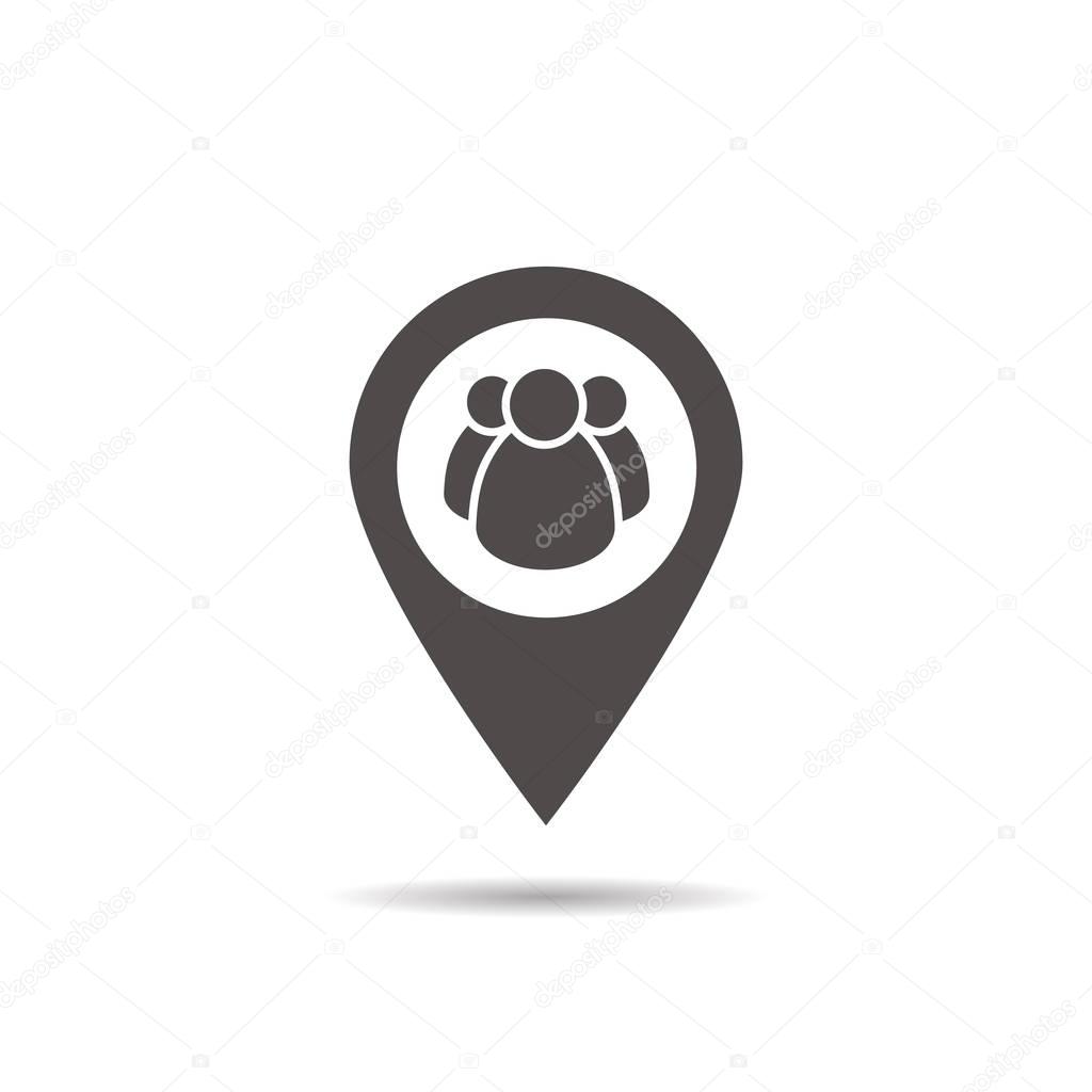 Meeting point location icon. Friends nearby. Drop shadow gps mark silhouette symbol. Group of people inside pinpoint. Negative space. Vector isolated illustration