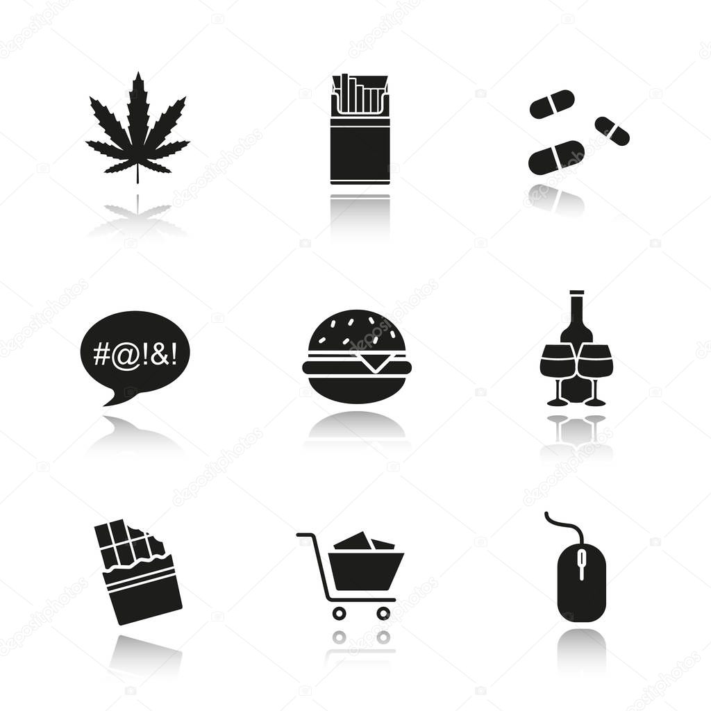 Addictions drop shadow black icons set