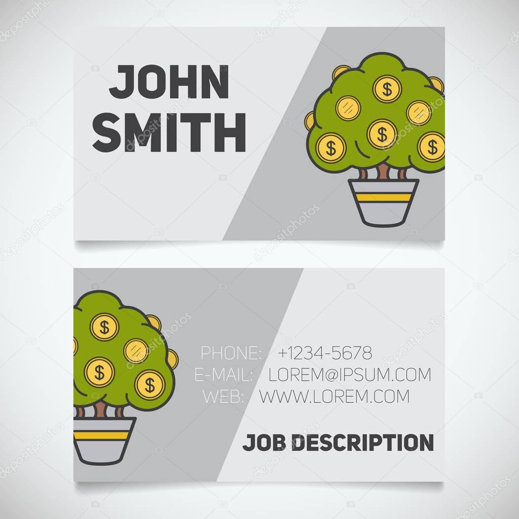 Business card print template with money tree logo. Easy edit. Businessman. Investor. Financier. Stationery design concept. Vector illustration