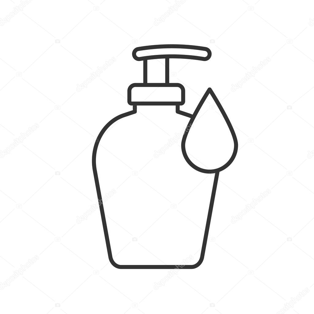 Liquid soap bottle linear icon. Thin line illustration. Shower gel contour symbol. Vector isolated outline drawing