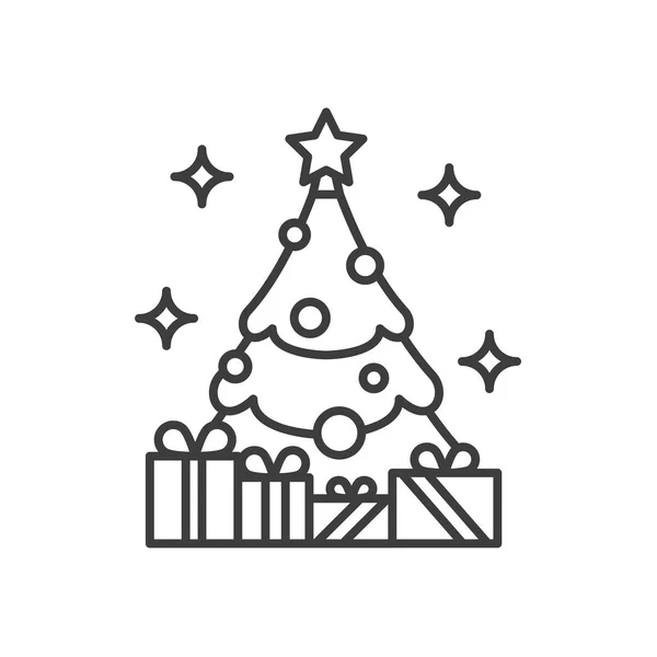 Новорічна ялинка з зіркою і подарунками лінійна ікона — стоковий вектор