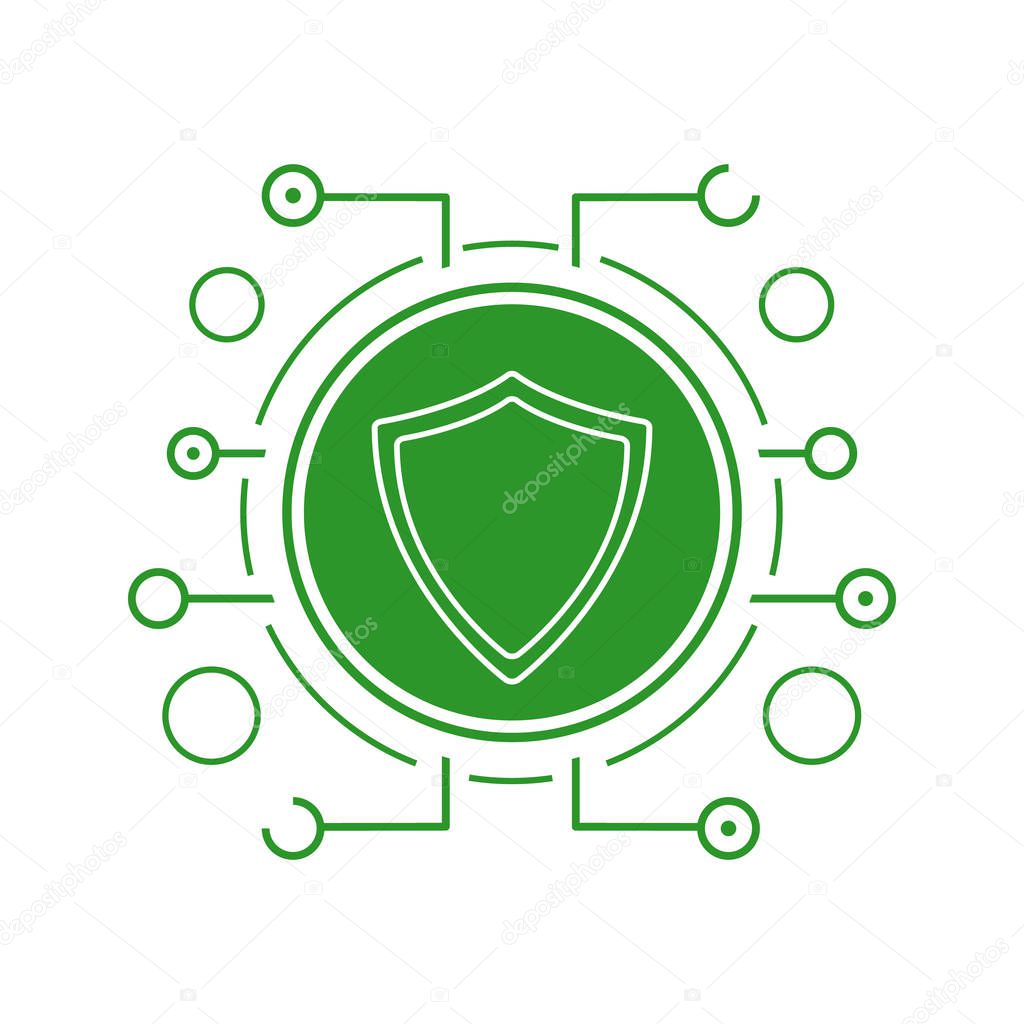 Cyber security icon. Silhouette symbol. Green shield in microchip pathways. Negative space. Vector isolated illustration
