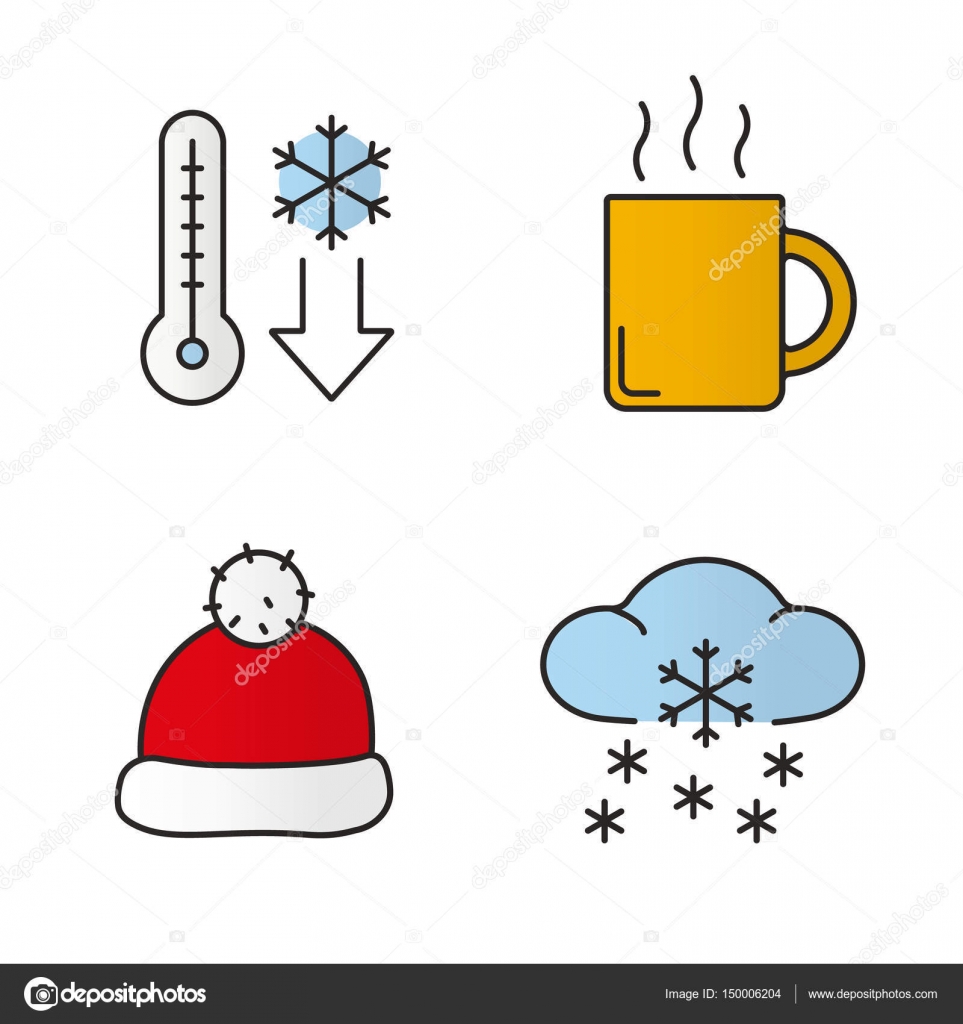 Icone del colore di stagione invernale Temperatura in calo caldo fumante tazza di t¨ o caff¨ cappello di Babbo Natale rosso precipitazioni nevose di