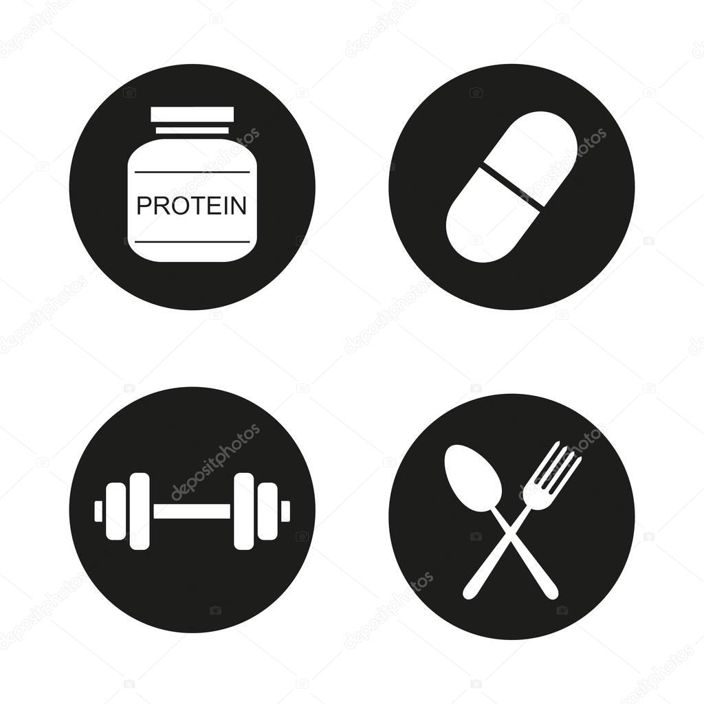 Bodybuilding icons set. Protein powder, bcaa pill, gym dumbbell and sport diet symbols. Vector white silhouettes illustrations in black circles