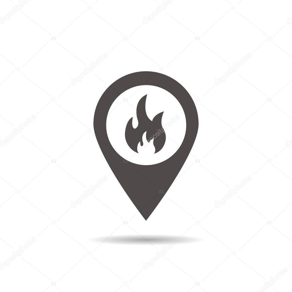 Fire location icon. Drop shadow silhouette symbol. Flame inside pinpoint. Fire nearby. Vector isolated illustration