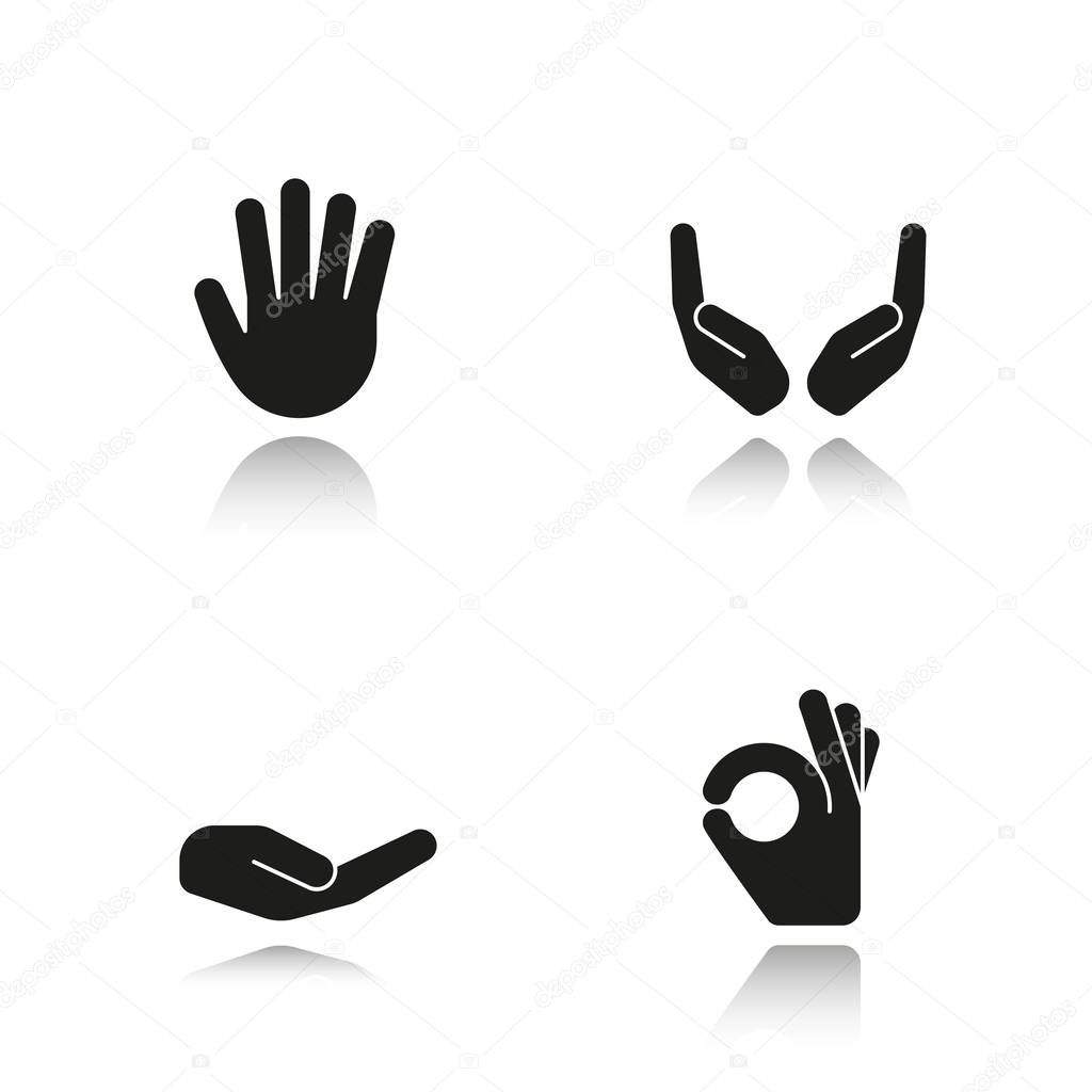 Hand gestures drop shadow black icons set. Begging and cupped hands, palm, ok gesture. Isolated vector illustrations