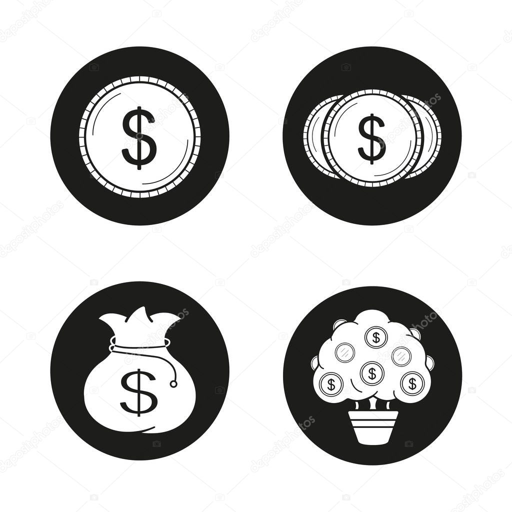 Money icons set. Banking and finance. Dollar coins, money bag and tree. Vector white silhouettes illustrations in black circles