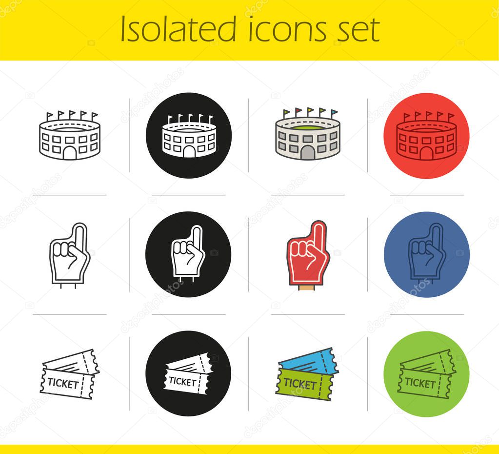 American football icons set. Linear, black and color styles. Red foam finger, game tickets, baseball arena. Isolated vector illustrations