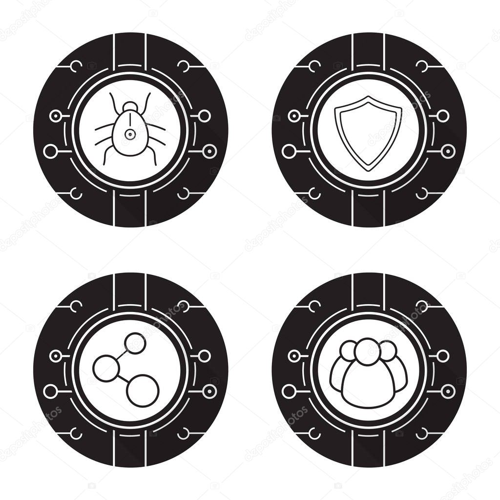 Cyber security icons set. Digital connections, virus program, social network and cyber security shield symbol. Vector white illustrations in black circles