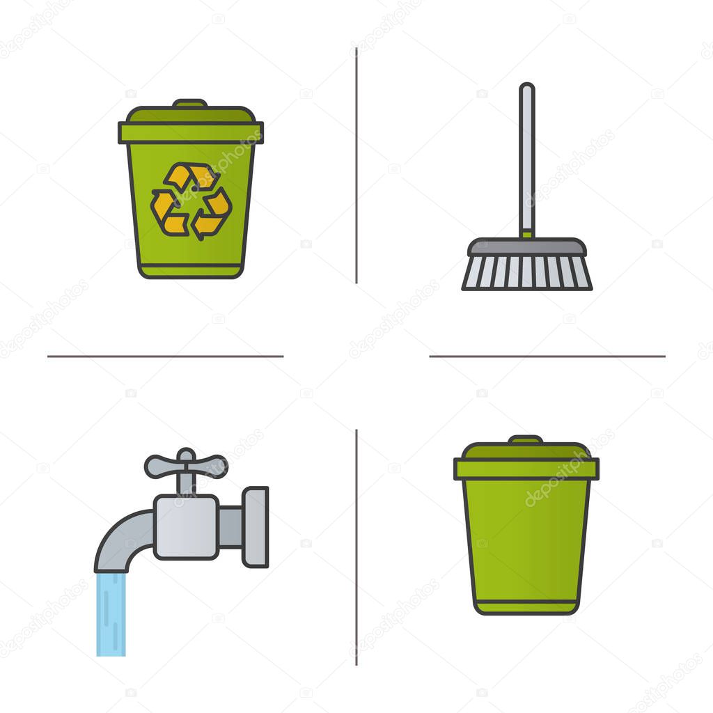 Cleaning service color icons set. Environment protection. Running tap water, recycle bins, mop. Isolated vector illustrations