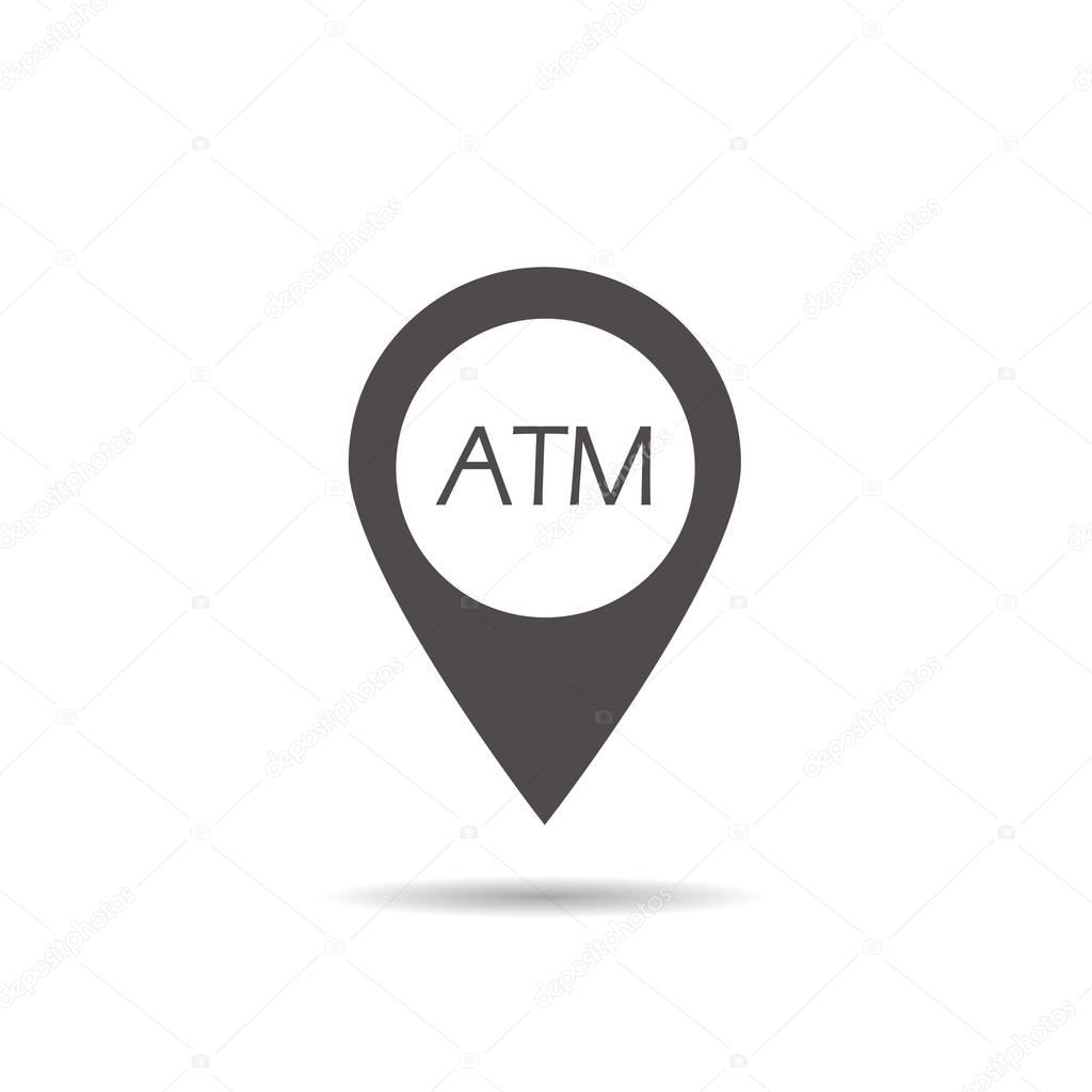 ATM machine location icon. Nearby bank pinpoint. Drop shadow map pointer silhouette symbol. Vector isolated illustration